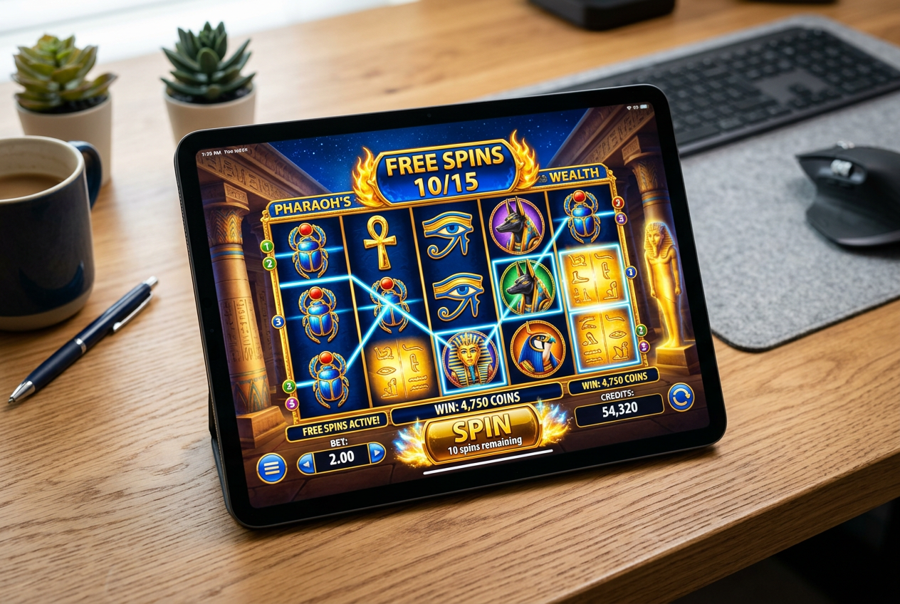 Close-up of a tablet screen showing modern slot game mechanics and symbols.