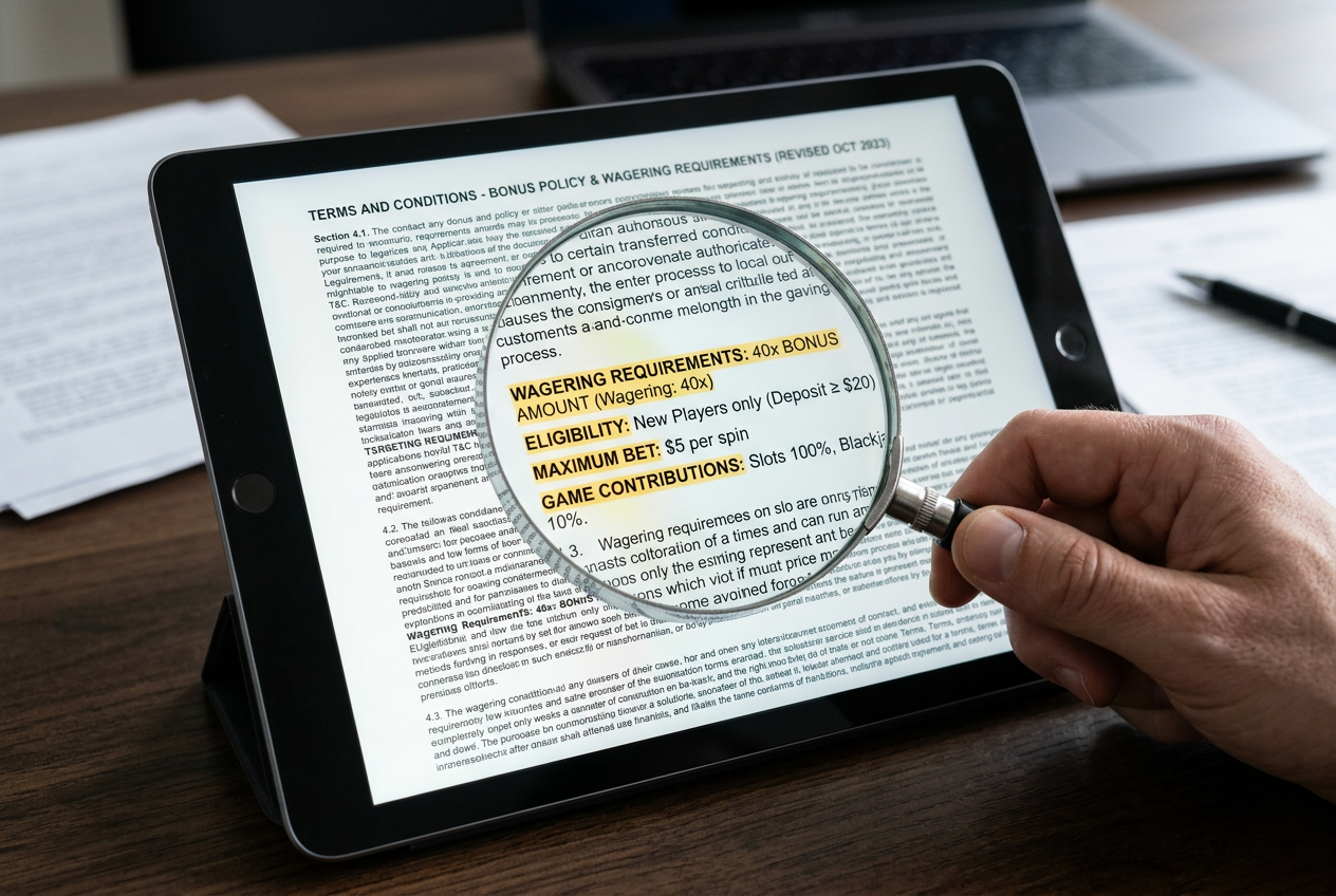 Close-up of a person analyzing legal terms and conditions on a tablet
